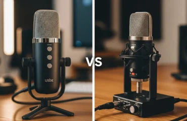 microfonos-usb-vs-xlr-streaming-podcasting Micrófonos en una mesa, uno de ellos es un micrófono USB y el otro un micrófono de condensador con interfaz.