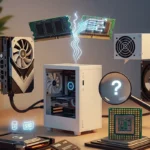 Imagen de una computadora minimalista con componentes de hardware flotando alrededor, incluyendo una tarjeta gráfica, módulos de RAM y un disco SSD, junto a íconos de "mito" y "hecho".