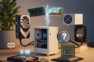 Imagen de una computadora minimalista con componentes de hardware flotando alrededor, incluyendo una tarjeta gráfica, módulos de RAM y un disco SSD, junto a íconos de "mito" y "hecho".