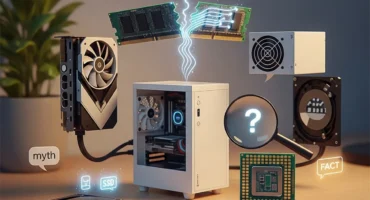 Imagen de una computadora minimalista con componentes de hardware flotando alrededor, incluyendo una tarjeta gráfica, módulos de RAM y un disco SSD, junto a íconos de 