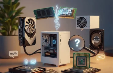 mitos-hardware-pc-desmentidos Imagen de una computadora minimalista con componentes de hardware flotando alrededor, incluyendo una tarjeta gráfica, módulos de RAM y un disco SSD, junto a íconos de