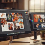 Monitores de computadora mostrando gráficos y diseños creativos en un entorno de trabajo moderno.