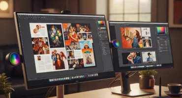 Monitores de computadora mostrando gráficos y diseños creativos en un entorno de trabajo moderno.