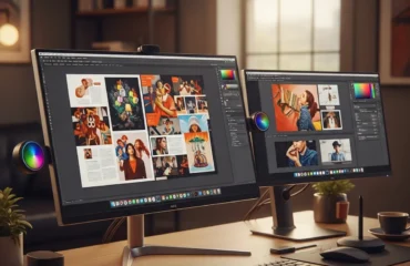 Monitores de computadora mostrando gráficos y diseños creativos en un entorno de trabajo moderno.