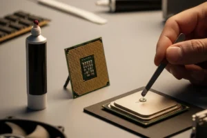 Un mano aplica pasta térmica sobre un procesador mientras se prepara para instalarlo en una placa base.