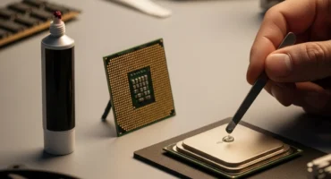 Un mano aplica pasta térmica sobre un procesador mientras se prepara para instalarlo en una placa base.