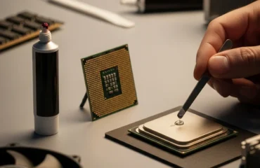 Un mano aplica pasta térmica sobre un procesador mientras se prepara para instalarlo en una placa base.