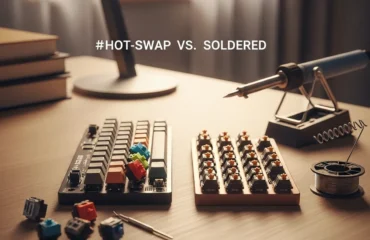 teclado-hot-swap-vs-soldado Teclado mecánico con interruptores intercambiables al lado de un teclado soldado y un soldador en un escritorio.