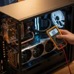 Un técnico mide la temperatura de los componentes internos de un ordenador de sobremesa con un multímetro.