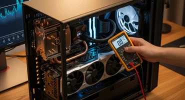 Un técnico mide la temperatura de los componentes internos de un ordenador de sobremesa con un multímetro.
