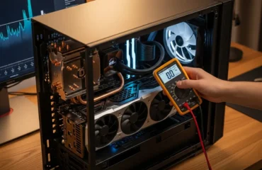 Un técnico mide la temperatura de los componentes internos de un ordenador de sobremesa con un multímetro.