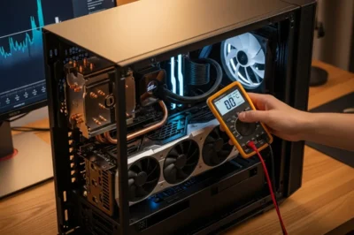 Un técnico mide la temperatura de los componentes internos de un ordenador de sobremesa con un multímetro.