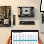 Conjunto de componentes de computadora, incluyendo una placa base, un procesador, una memoria RAM y un laptop, mientras se consulta información de compatibilidad en una tablet.