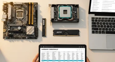 Conjunto de componentes de computadora, incluyendo una placa base, un procesador, una memoria RAM y un laptop, mientras se consulta información de compatibilidad en una tablet.