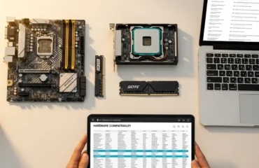 Conjunto de componentes de computadora, incluyendo una placa base, un procesador, una memoria RAM y un laptop, mientras se consulta información de compatibilidad en una tablet.