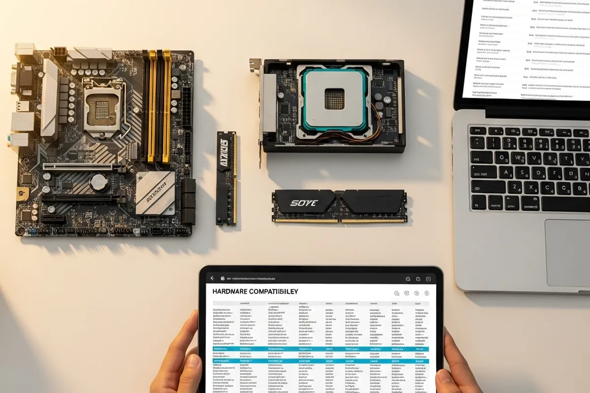 verificar-compatibilidad-hardware-antes-comprar Conjunto de componentes de computadora, incluyendo una placa base, un procesador, una memoria RAM y un laptop, mientras se consulta información de compatibilidad en una tablet.