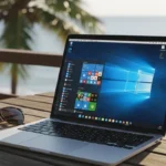 Laptop con pantalla de Windows 10 sobre una mesa junto a un vaso y gafas de sol, con vista al mar y palmeras al fondo.