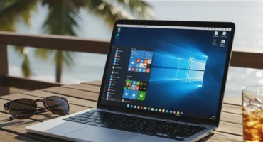 Laptop con pantalla de Windows 10 sobre una mesa junto a un vaso y gafas de sol, con vista al mar y palmeras al fondo.