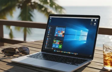 acceder-pc-casa-vacaciones-escritorio-remoto Laptop con pantalla de Windows 10 sobre una mesa junto a un vaso y gafas de sol, con vista al mar y palmeras al fondo.