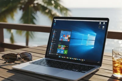 Laptop con pantalla de Windows 10 sobre una mesa junto a un vaso y gafas de sol, con vista al mar y palmeras al fondo.