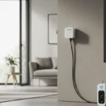 Cargador eléctrico inteligente conectado a una pared en un interior moderno.