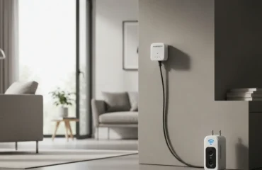 Cargador eléctrico inteligente conectado a una pared en un interior moderno.