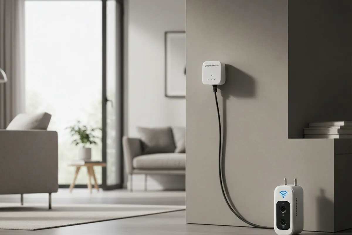 Cargador eléctrico inteligente conectado a una pared en un interior moderno.