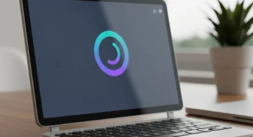 Laptop moderna con una pantalla que muestra un logotipo circular colorido, situada sobre una mesa.