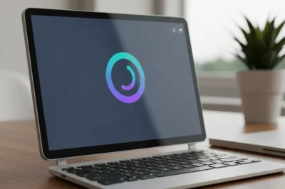 Laptop moderna con una pantalla que muestra un logotipo circular colorido, situada sobre una mesa.