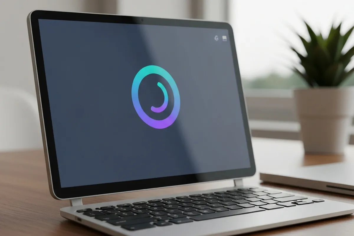 Laptop moderna con una pantalla que muestra un logotipo circular colorido, situada sobre una mesa.