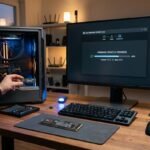 Ordenador de sobremesa y monitor, donde se está actualizando el firmware del SSD.