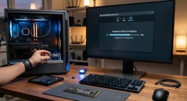 Ordenador de sobremesa y monitor, donde se está actualizando el firmware del SSD.