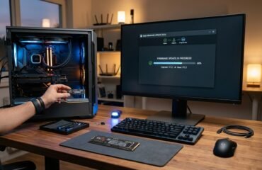 como-actualizar-firmware-ssd Ordenador de sobremesa y monitor, donde se está actualizando el firmware del SSD.