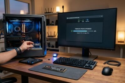 Ordenador de sobremesa y monitor, donde se está actualizando el firmware del SSD.
