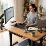Mujer de pie, con un escritorio elevado, trabajando en un ordenador con su pantalla con brazo.