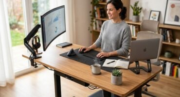 Mujer de pie, con un escritorio elevado, trabajando en un ordenador con su pantalla con brazo.