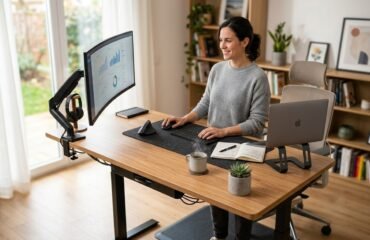 escritorio-elevado-accesorios-y-rutinas Mujer de pie, con un escritorio elevado, trabajando en un ordenador con su pantalla con brazo.