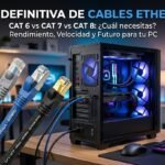 Tres cables de Ethernet, categoría 6, 7 y 8. Y de fondo un PC gaming moderno.