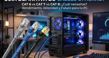 Tres cables de Ethernet, categoría 6, 7 y 8. Y de fondo un PC gaming moderno.