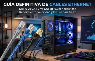 guia-cables-ethernet-cat6-cat7-cat8 Tres cables de Ethernet, categoría 6, 7 y 8. Y de fondo un PC gaming moderno.
