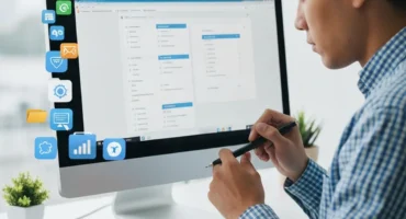 Hombre utilizando una computadora de escritorio mientras toma notas en un cuaderno.