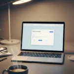 Escritorio con una laptop mostrando una pantalla de inicio de sesión, una planta, unas gafas, una taza de café humeante y una memoria USB.