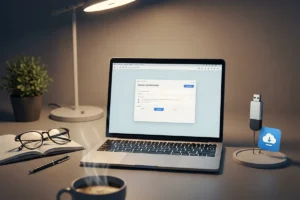 Escritorio con una laptop mostrando una pantalla de inicio de sesión, una planta, unas gafas, una taza de café humeante y una memoria USB.