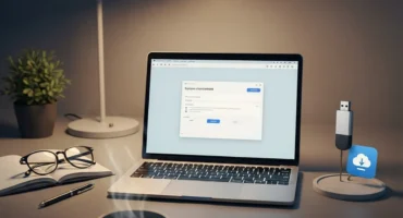 Escritorio con una laptop mostrando una pantalla de inicio de sesión, una planta, unas gafas, una taza de café humeante y una memoria USB.