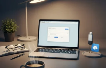 mejores-practicas-actualizar-drivers-pc Escritorio con una laptop mostrando una pantalla de inicio de sesión, una planta, unas gafas, una taza de café humeante y una memoria USB.