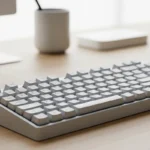 Teclado moderno de color gris en una mesa de trabajo minimalista.