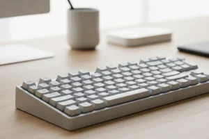 Teclado moderno de color gris en una mesa de trabajo minimalista.