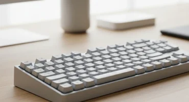 Teclado moderno de color gris en una mesa de trabajo minimalista.