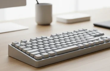 mejores-teclados-60-porciento Teclado moderno de color gris en una mesa de trabajo minimalista.