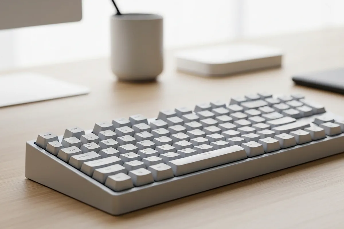 mejores-teclados-60-porciento Teclado moderno de color gris en una mesa de trabajo minimalista.
